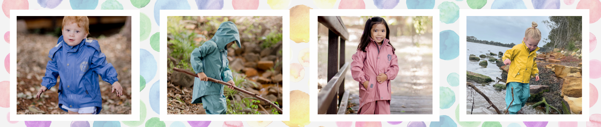 Kids in waterproof jackets and rainwear playing outdoors, exploring nature, water and bush settings during forest school and messy play