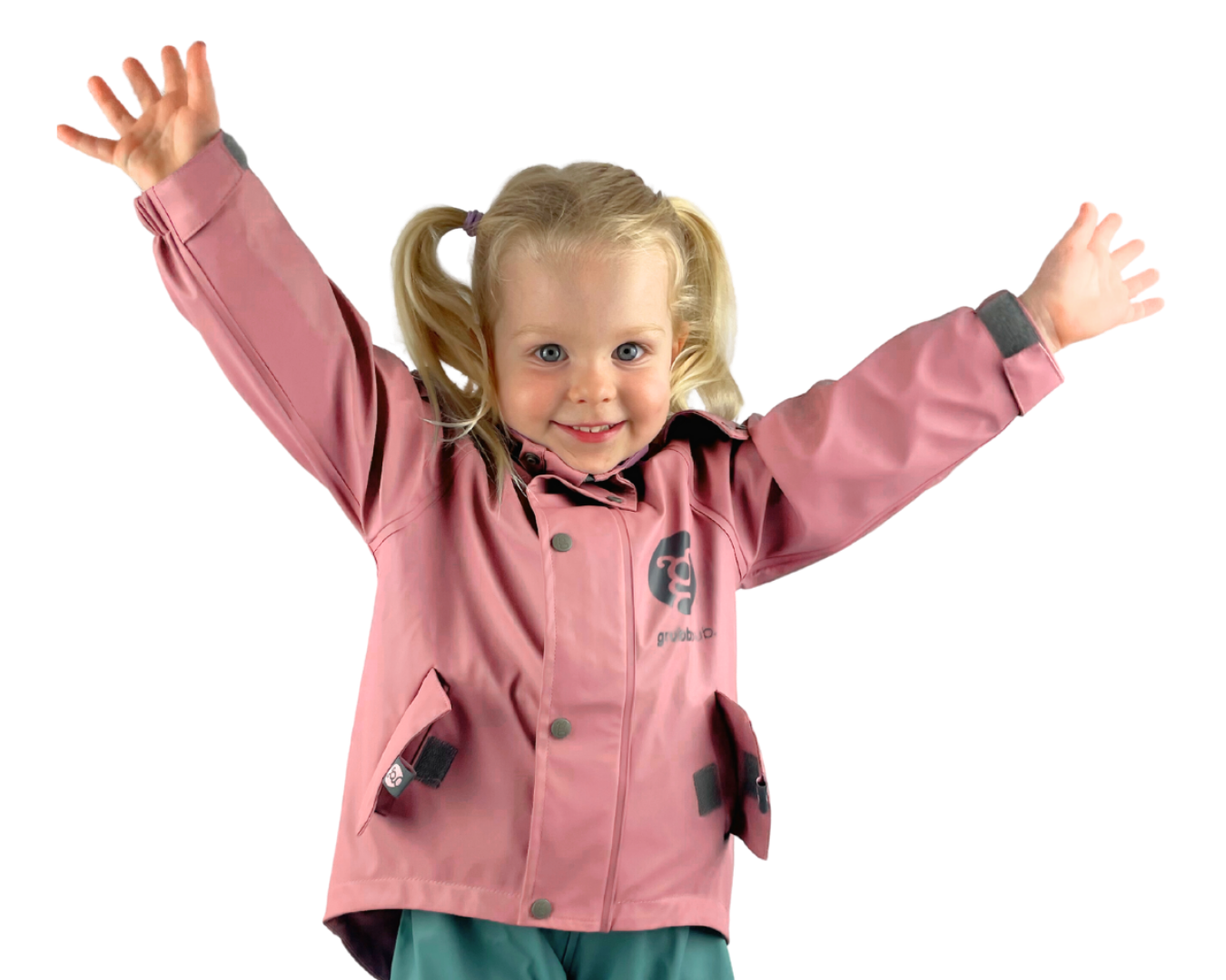 Child wearing pink waterproof jacket with mud guard, kids rain jacket for outdoor play
