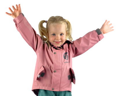 Child wearing pink waterproof jacket with mud guard, kids rain jacket for outdoor play