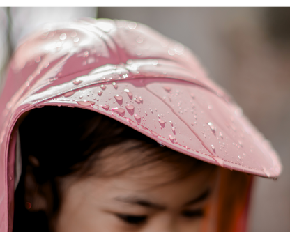 Waterproof kids rain jacket hood with brim and mud guard, rain droplets on durable fabric