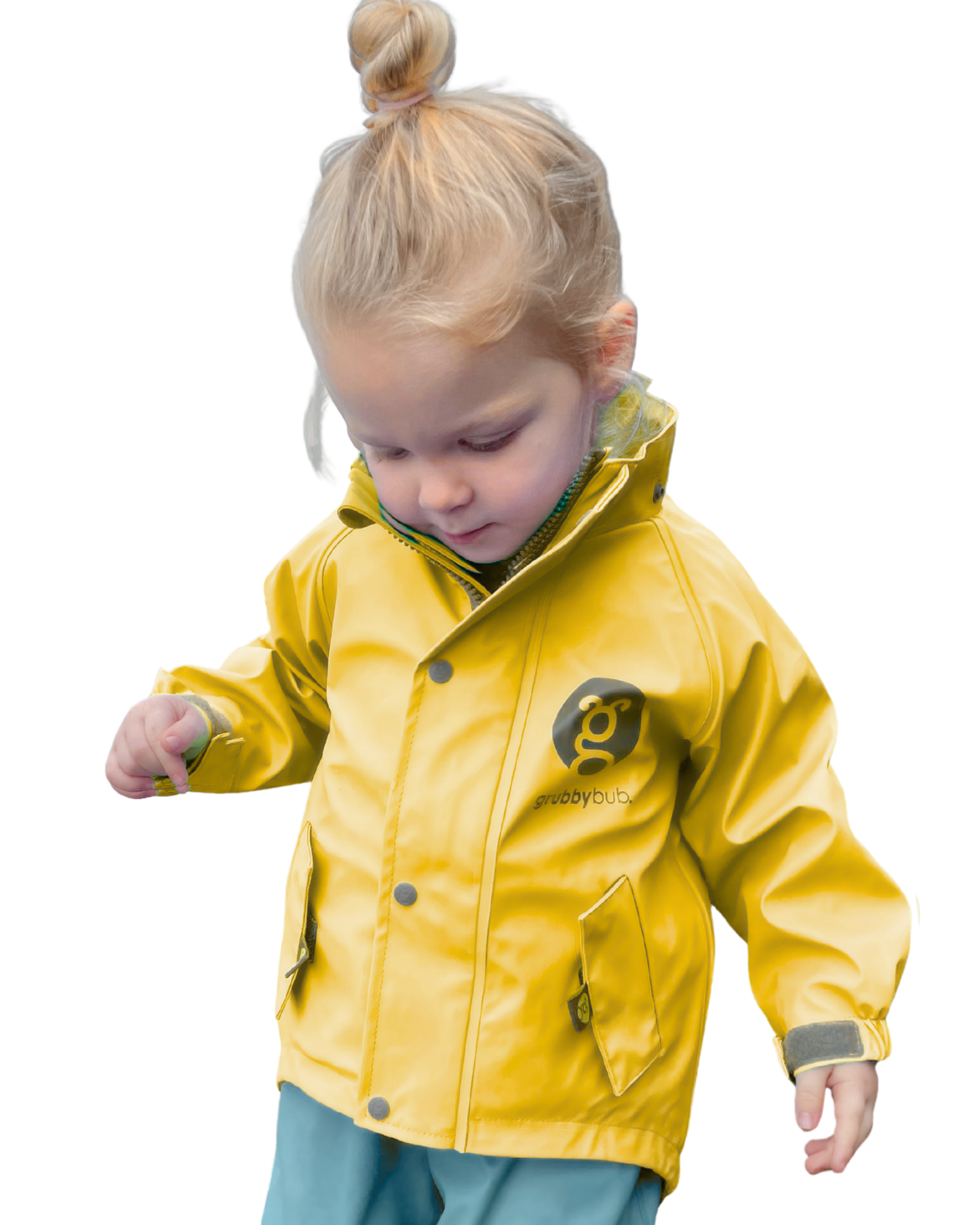 Child wearing a yellow raincoat with a logo on a white background