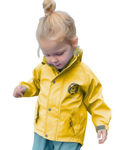 Child wearing a yellow raincoat with a logo on a white background
