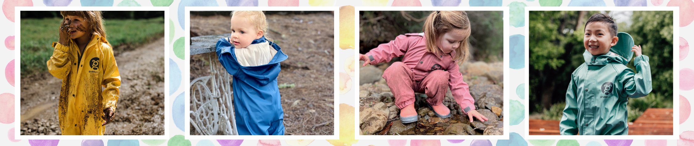 Collage of kids in waterproof rain suits exploring mud, rocks and outdoor play areas