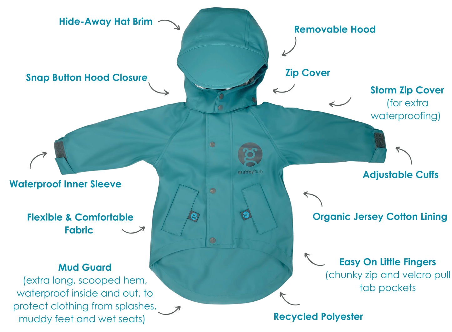 Kids waterproof jacket with mud guard, removable hood, organic lining and adjustable features. images features product design points