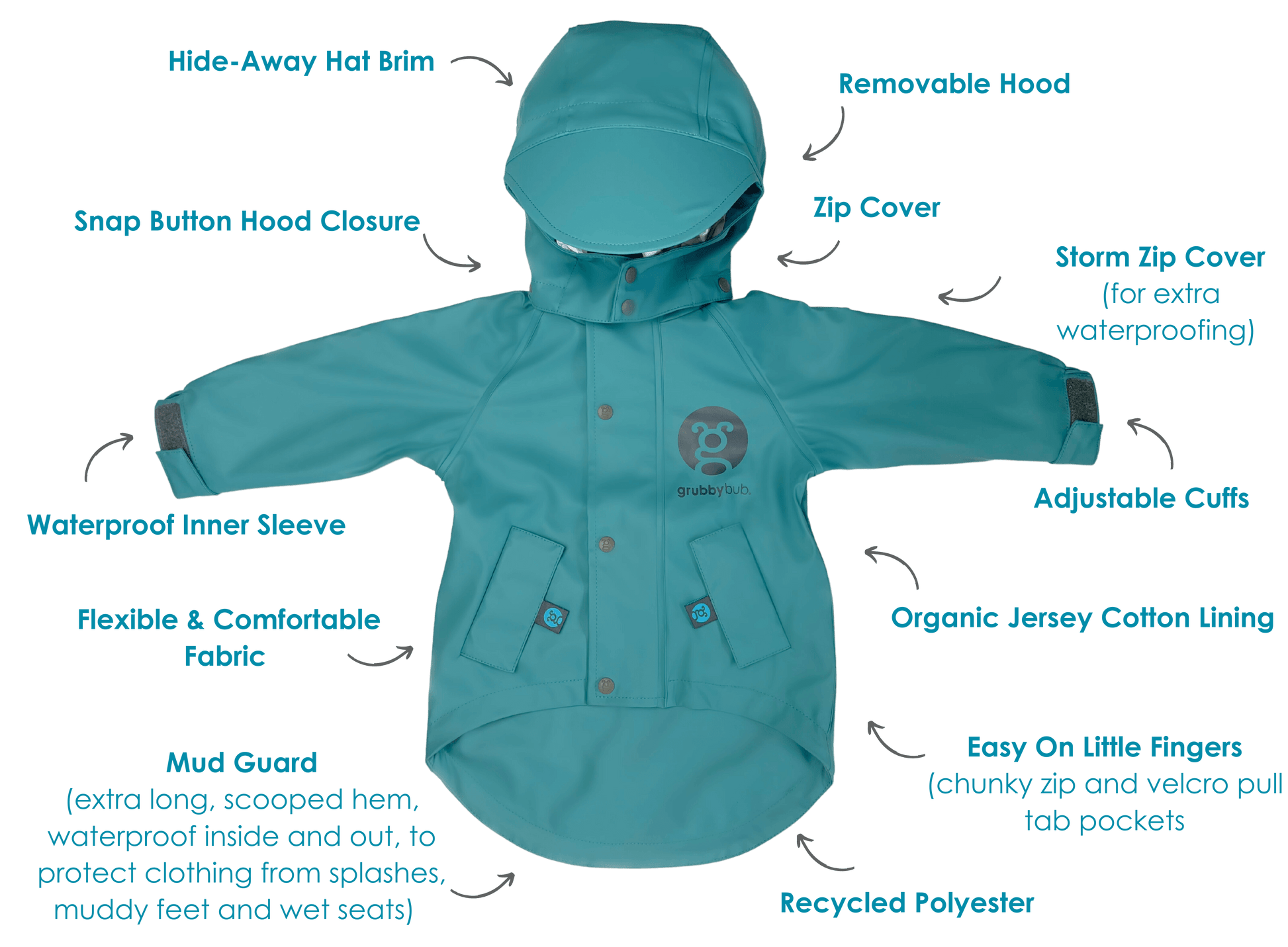 Kids waterproof jacket with mud guard, removable hood, organic lining and adjustable features. images features product design points
