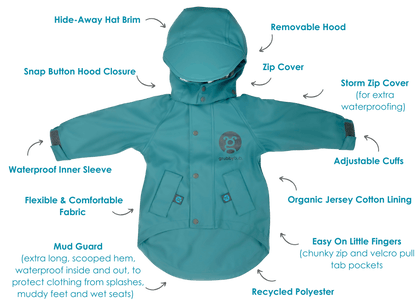 Kids waterproof jacket with mud guard, removable hood, organic lining and adjustable features. images features product design points