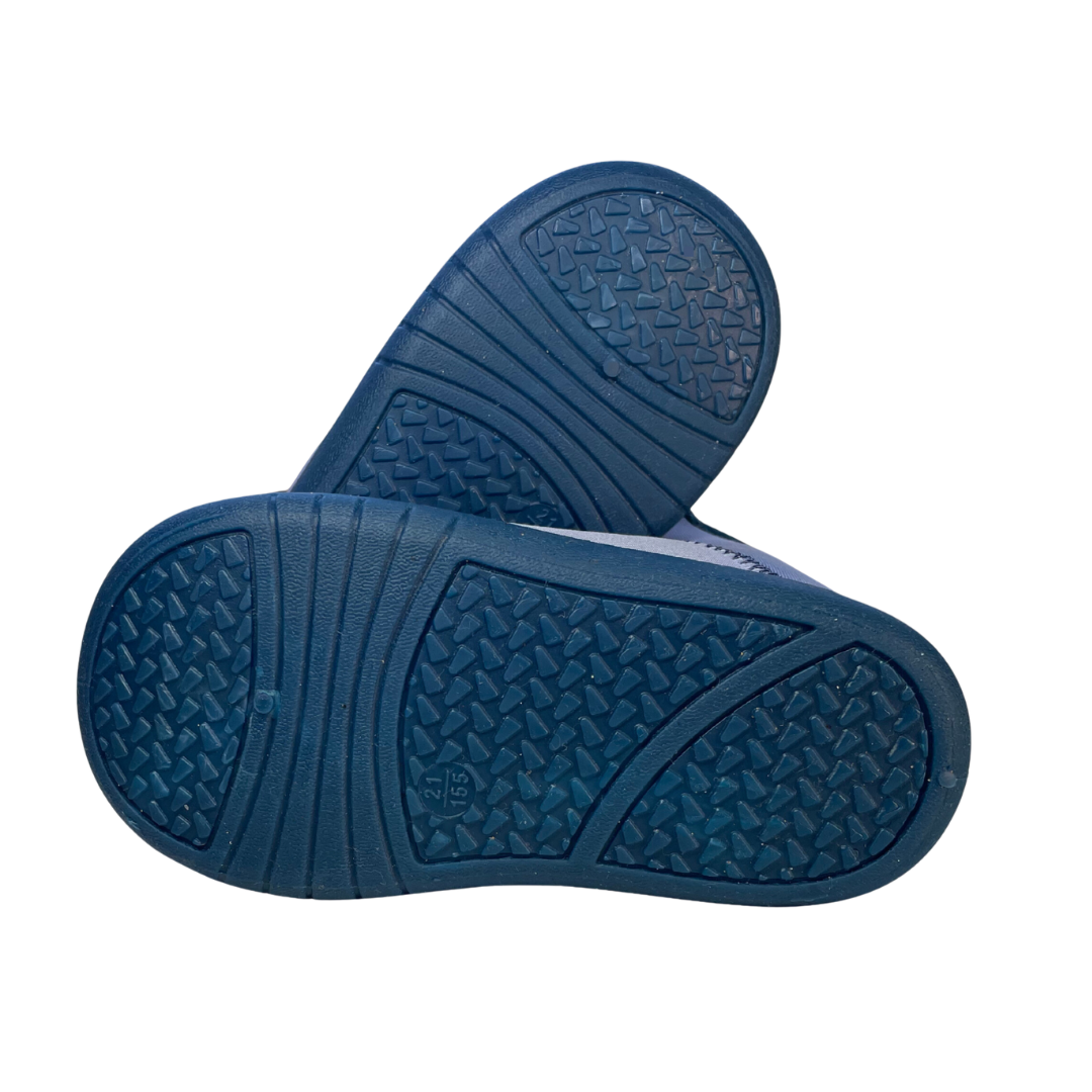 blue wee wellies, still photo showing the wide toed, barefoot style, zero drop undersole 