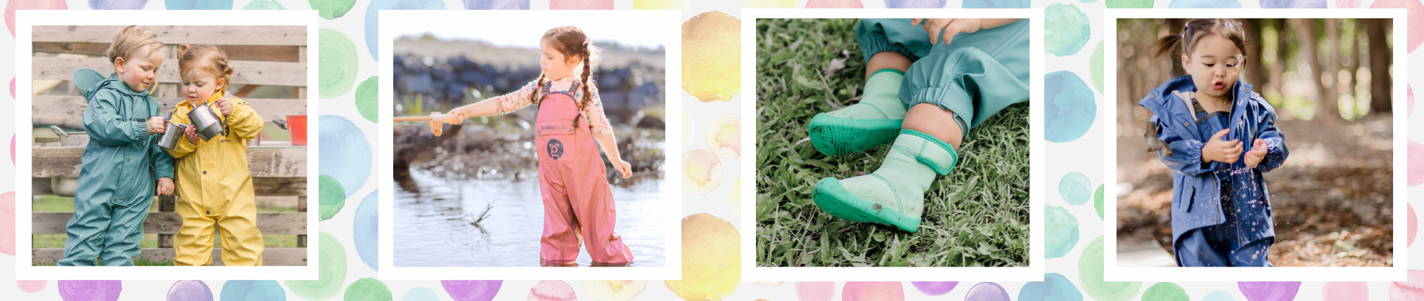 Children wearing waterproof puddle suits, rain jackets and soft sole early walker wellies playing outdoors in mud, water and nature play settings