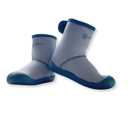 blue lightweight wee wellies for babies and toddlers in product still pose