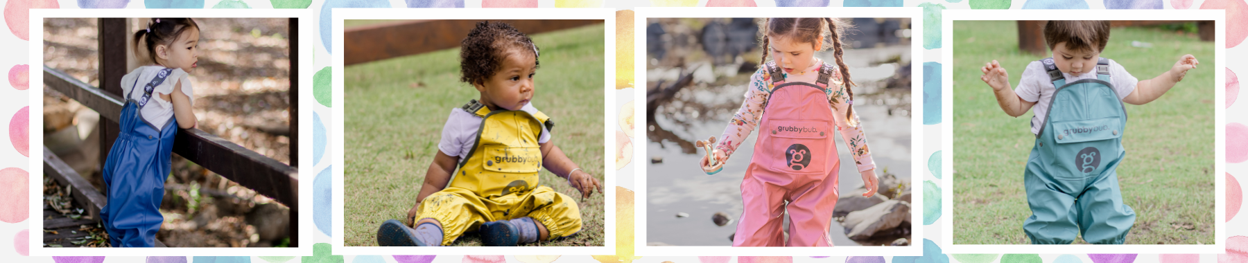 Toddlers in waterproof overalls playing outdoors, exploring water, grass and nature during messy play and forest school activities