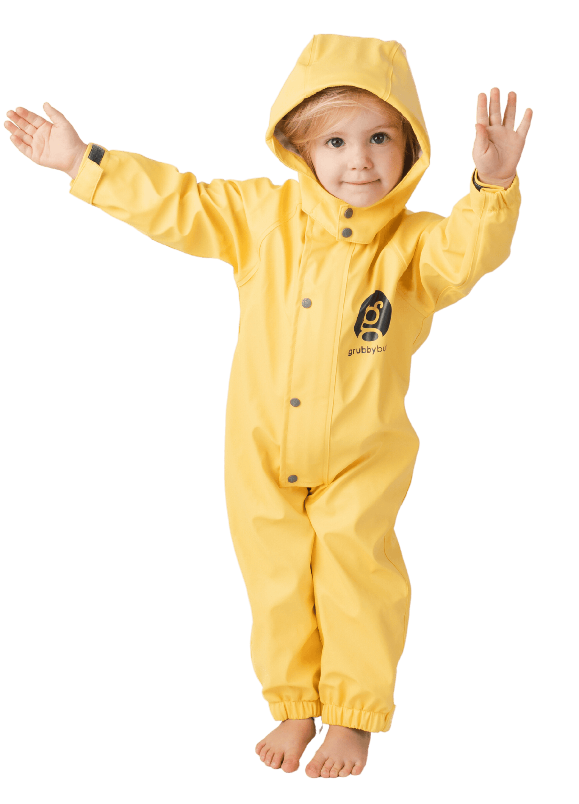 young toddler in a sunshine yellow waterproof puddle suit with a transparent background